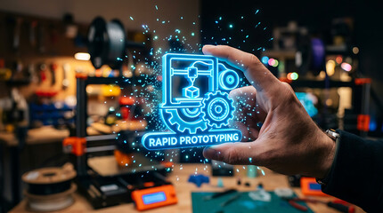 Fototapeta premium Hand holding a glowing holographic 3d printing icon for rapid prototyping