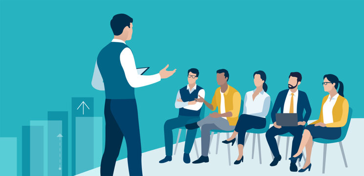 Business team listening to the male teacher or leader. Education, presentation, learning, business vector illustration. 