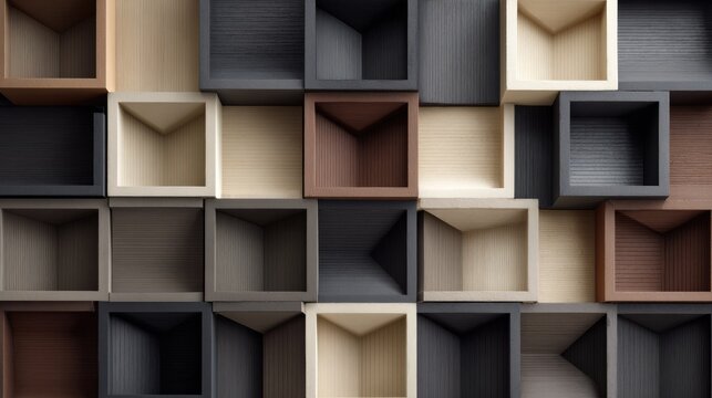 Modular wall arrangement features repeating square cubbyholes in various natural tones