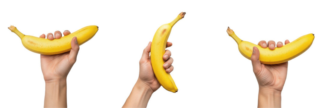 Hand holding a peeled banana Musa acuminata fruit without skin Banano pelado Banane pelee fruit flesh snack soft texture organic tropical food healthy eating energy source potassium rich fiber