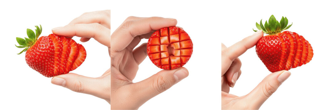 Hand holding a strawberry by stem Fragaria x ananassa fresh berry Fresa por el tallo Fraise par la tige organic summer fruit harvest red berry sweet healthy snack farm produce antioxidant photo