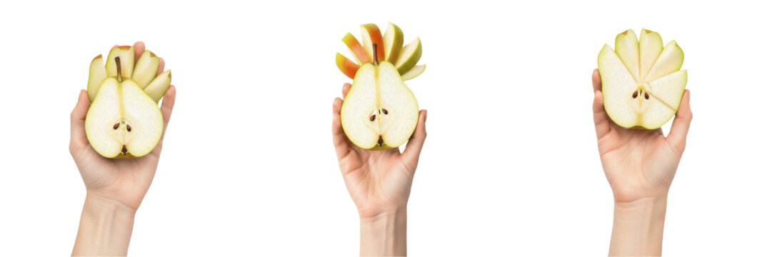 Hand holding a pear Pyrus communis orchard fruit Pera Poire Birne organic harvest healthy snack dietary fiber vitamin C farm fresh produce sweet juicy fruit nutrition stock photography photo