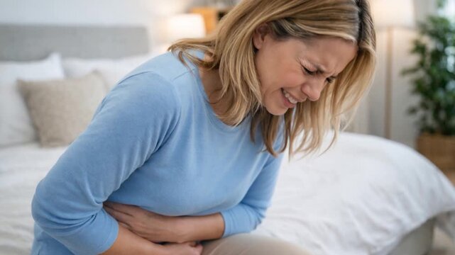 Young woman suffering from stomachache on sofa at home. 



