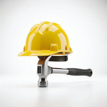 Yellow hard hat and hammer isolated on white for construction safety