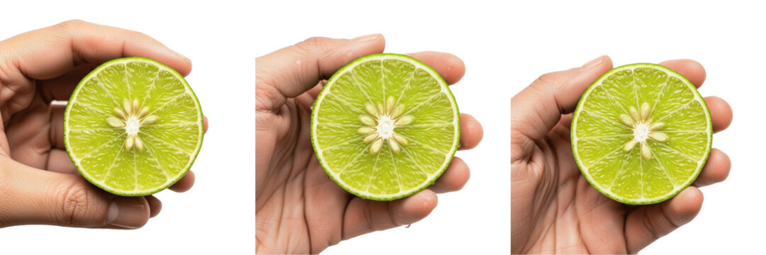 Hand holding a cut lime Citrus aurantiifolia citrus cross-section Lima cortada Demi citron vert juicy pulp vitamin C organic fruit healthy garnish snack health diet nutrition product tart