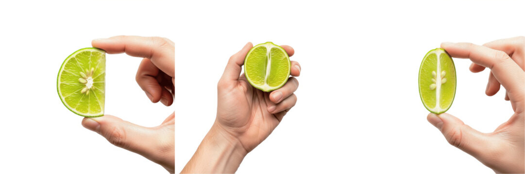 Hand holding lime wedge Citrus aurantiifolia cut fruit segment Trozo de lima Quartier de citron vert Fresh citrus organic juicy pulp vitamin C booster health nutrition farm fresh food tart