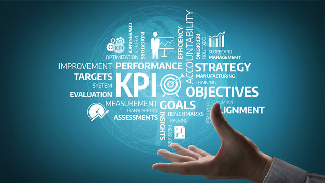 Visual representation of key business concepts including KPI, goals, and performance metrics, emphasizing strategic evaluation and management techniques for business success. Tessel