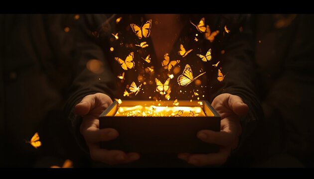 Mystical golden butterflies emerge enchantingly from an open luminous box held carefully in hands in a magical, dark setting.