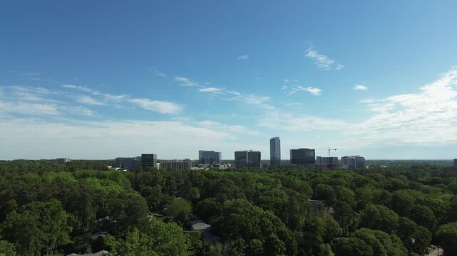 Aerial establishing shot of the North Hills mixed-use development in Raleigh, North Carolina, with a variety of apartments, retail and restaurants