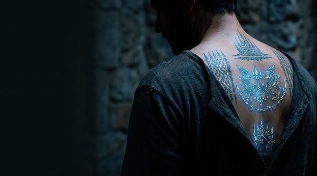 Close-up of a person's back with glowing, magical ancient Southeast Asian Sak Yant tattoos, dark and moody lighting.and Copy space layout