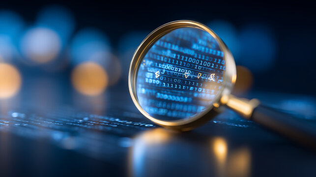 A magnifying glass over binary code and digital symbols representing cyber investigation, data analysis, and online threat detection.

