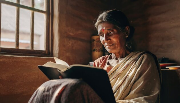 Elderly Woman Engrossed in Reading a Book by the Window.