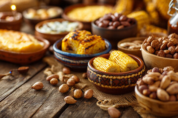 Fototapeta premium Close-up of a rustic wooden table with typical Brazilian Festa Junina foods, including corn-based dishes such as pamonha, canjica, corn cake, and roasted peanuts.