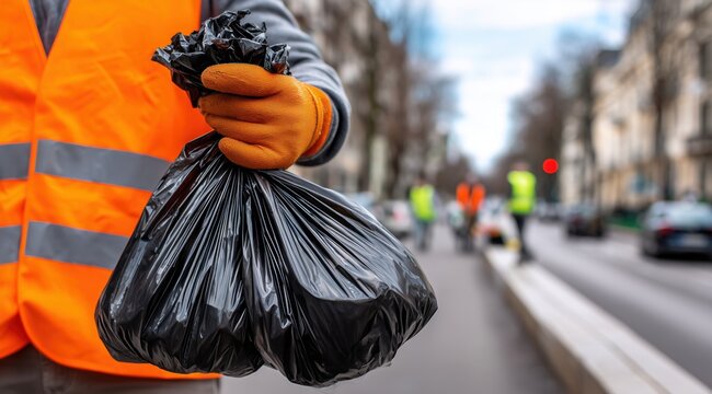 Une main tenant un sac poubelle noir, sur un fond flou, gilet et gants orange dans le contexte d'une op&eacute;ration de nettoyage des rues d'une ville.