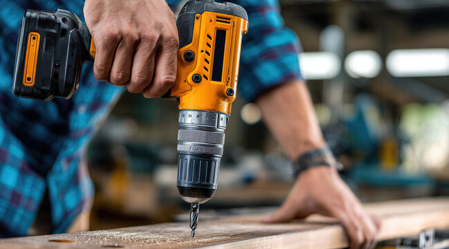 Les mains d'un menuisier, vue en gros plan, utilisant une perceuse &eacute;lectrique sur une planche de bois dans son atelier.