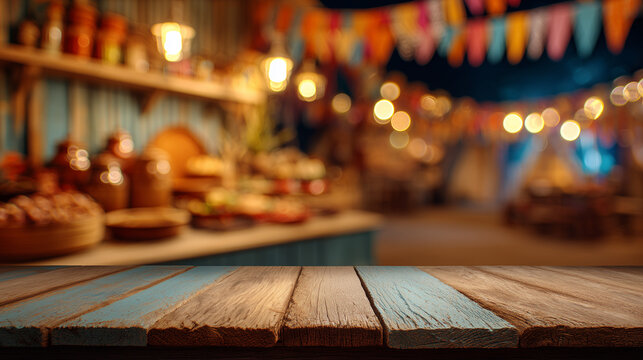 Brazilian Festa Junina decoration, featuring a rustic wooden table in the background, a blurred kitchen with cakes and sweets piled high and colorful flags, with space for text.