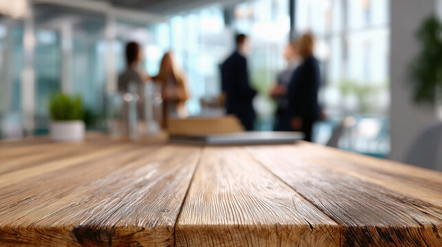 Une table de r&eacute;union de travail au premier plan avec &eacute;quipe floue en arri&egrave;re-plan, ambiance corporate r&eacute;aliste, image avec espace pour texte.