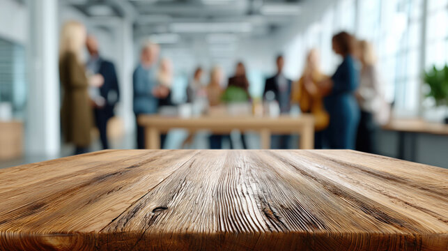 Une table de r&eacute;union de travail au premier plan avec des personnes floues en arri&egrave;re-plan, ambiance corporate r&eacute;aliste.