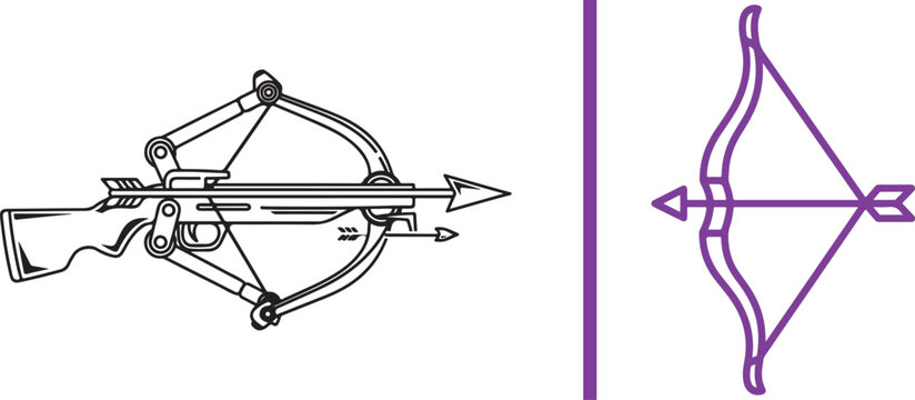 Archery equipment set with detailed crossbow and purple bow and arrow vector illustration isolated on white background