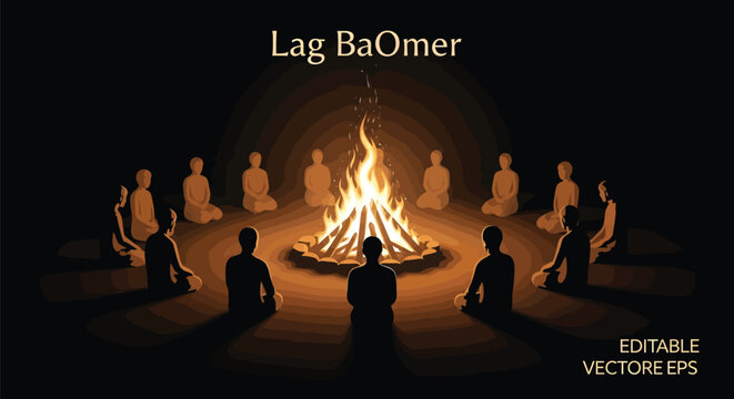 Lag BaOmer Jewish holiday celebration vector, people sitting around a glowing bonfire, traditional campfire gathering at night with silhouettes