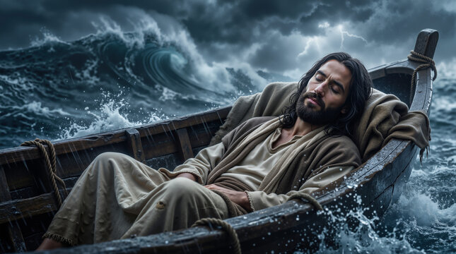 Jesus Christ sleeping in a wooden boat during a violent storm. Biblical narrative of the Sea of Galilee with massive waves and lightning. Faith and divine protection concept