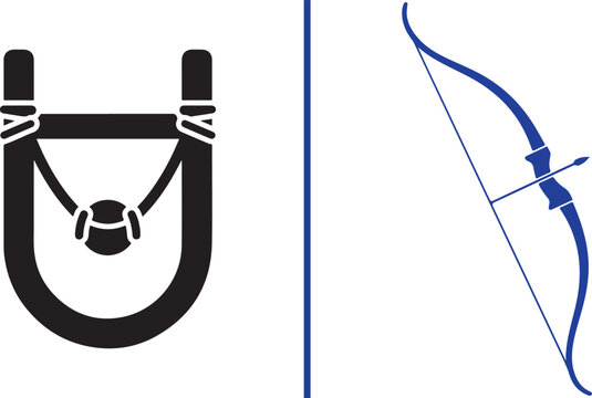 Minimalist slingshot and archery bow with arrow vector illustration icons isolated on white background