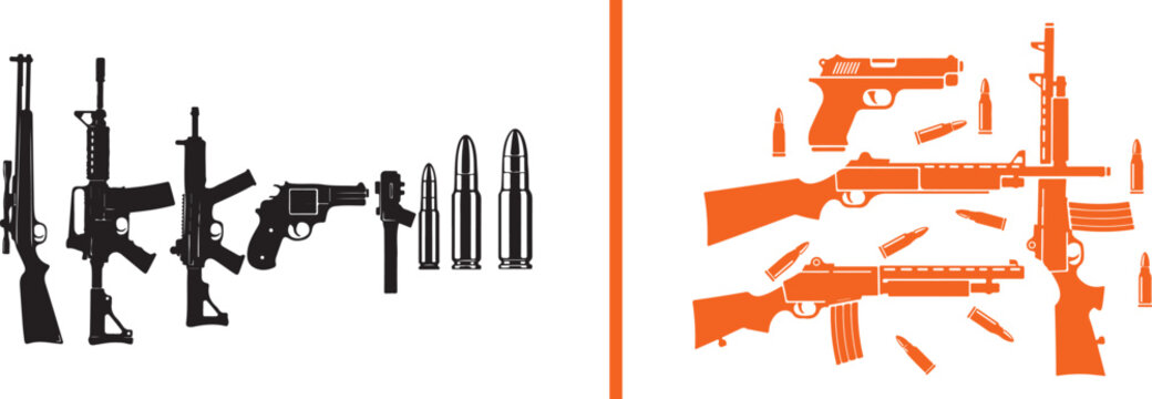 Collection of firearm silhouettes including rifles pistols and ammunition isolated on white background vector illustration