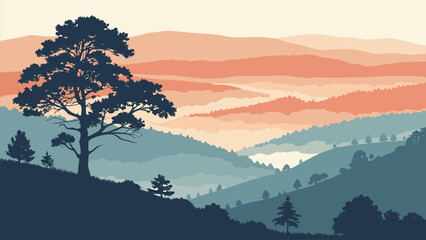 Scenic sunrise over layered mountains with tree silhouette. Soft gradients and minimalist vector style, ideal for nature, travel, and peaceful landscape designs.