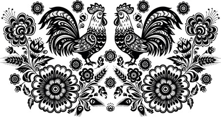 Black and White Folk Art Rooster Floral Ornament Vector with Symmetrical Decorative Chickens, Vintage Botanical Patterns, and Intricate Monochrome Design Elements © DarparajDab