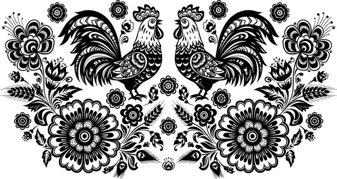 Black and White Folk Art Rooster Floral Ornament Vector with Symmetrical Decorative Chickens, Vintage Botanical Patterns, and Intricate Monochrome Design Elements