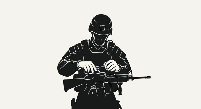 Military soldier silhouette holding assault rifle, tactical infantryman in combat gear vector, armed special forces operative illustration