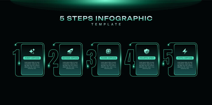Timeline black infographic template with step journey and numbered layout. Modern business presentation graph with icons, clean vector design for workflow, data visualization, process illustration.