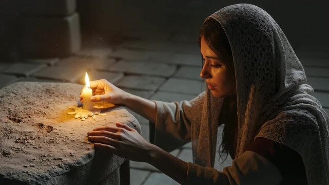 Young woman in biblical attire lighting a candle on a stone altar. Ancient religious ritual and prayer concept. Solemn moment of faith and devotion in a dark stone room
