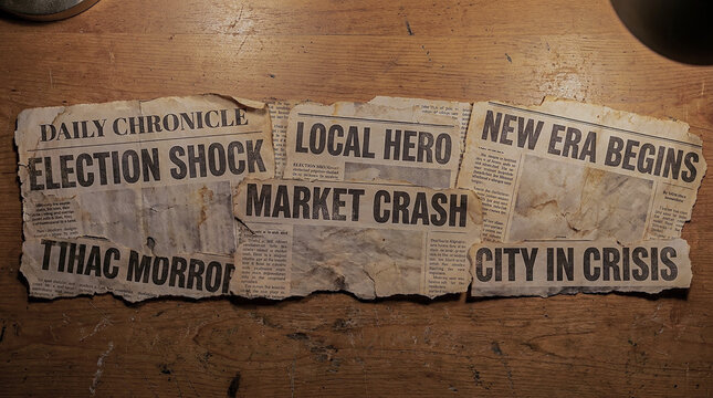 A collection of torn and aged newspaper clippings on a wooden surface