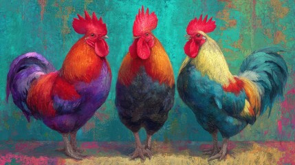 Fototapeta premium Vibrant roosters standing proudly in bright colors