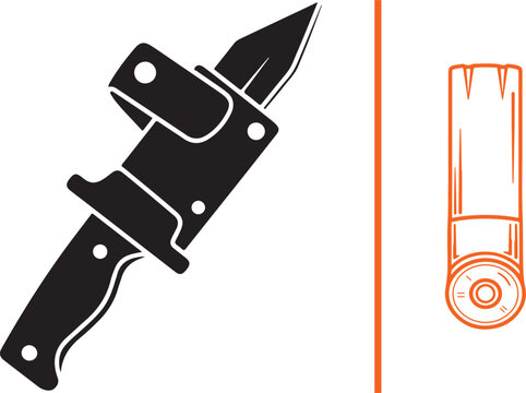 Tactical hunting knife in sheath and shotgun shell vector icon set isolated on white background