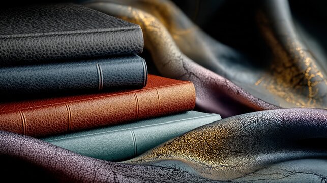 AI-generated image of a stack of colorful beautifully bound books in a studio setting with a fabric background