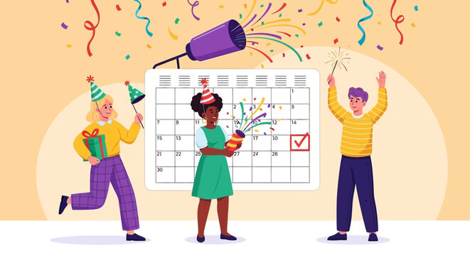 New Year Celebration, Party People, Calendar Marked, Confetti Explosion, Vector Illustration