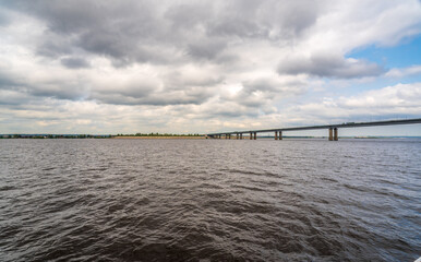 Fototapeta premium The large Zaimishchensky automobile bridge across the Volga River near Kazan, Russia