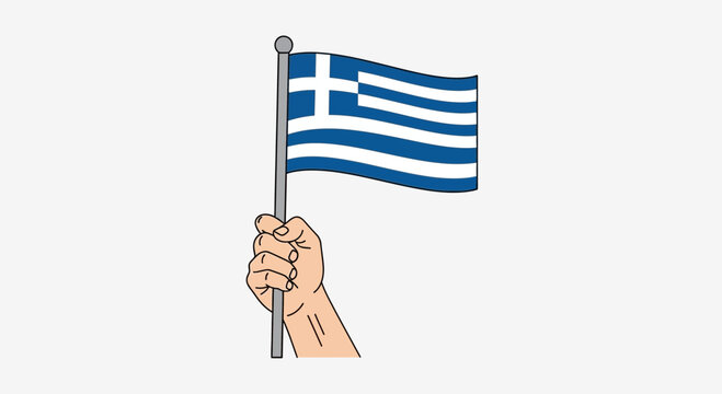 Hand holding Greek flag waving, isolated on white background