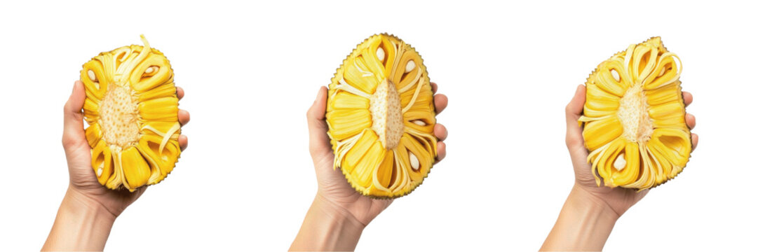 Hand holding ripe jackfruit - Artocarpus heterophyllus (Yaca / Jacquier) - Fresh Organic Tropical Fruit - Healthy Vegan Snack - Natural Sweetness - High Quality Stock Photo Image - Premium Fruit Photo