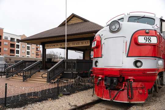 Branson Railway station platform during Christmastime in downtown Branson. Branson, Missouri, December 2024