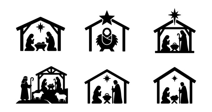 Set of christmas nativity scene icons, silhouettes of the holy family in the stable