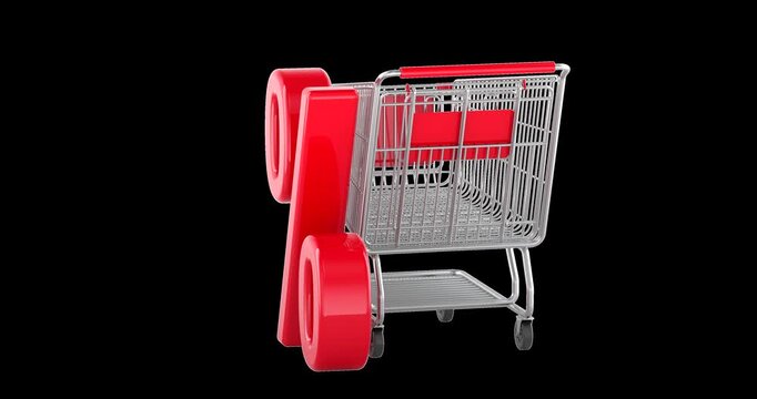 Shopping cart with discount symbol, rotation animation seamlessly loopable. 3D rendering isolated on transparent background