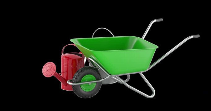 Garden wheelbarrow with bucket and watering can, rotation animation seamlessly loopable. 3D rendering isolated on transparent background