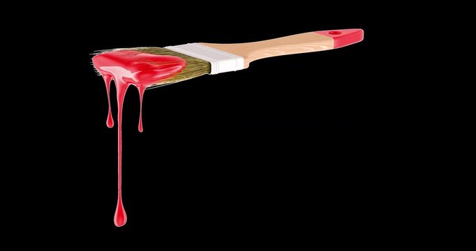 Paint brush with dripping red paint, rotation animation seamlessly loopable. 3D rendering isolated on transparent background
