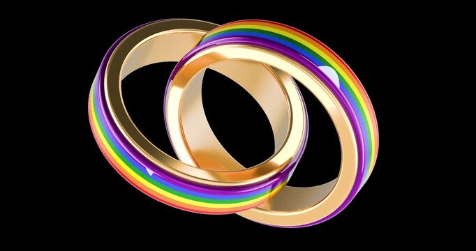Interlocked rainbow LGBT gold wedding rings, rotation animation seamlessly loopable. 3D rendering isolated on transparent background