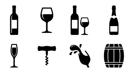 Obraz premium Set of wine icons, including wine bottle, wine glass, champagne, corkscrew, wine splash and wooden barrel