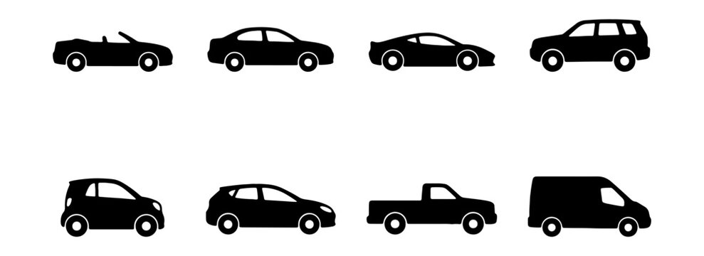 Set of various car body types icons, including sedan, convertible, suv, pickup truck, and van silhouettes
