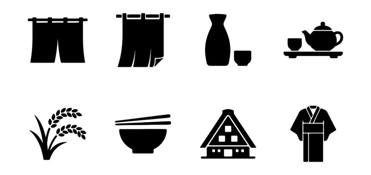 Set of japanese culture icons including noren curtains, sake, tea set, rice, ramen bowl, gasshozukuri house and kimono